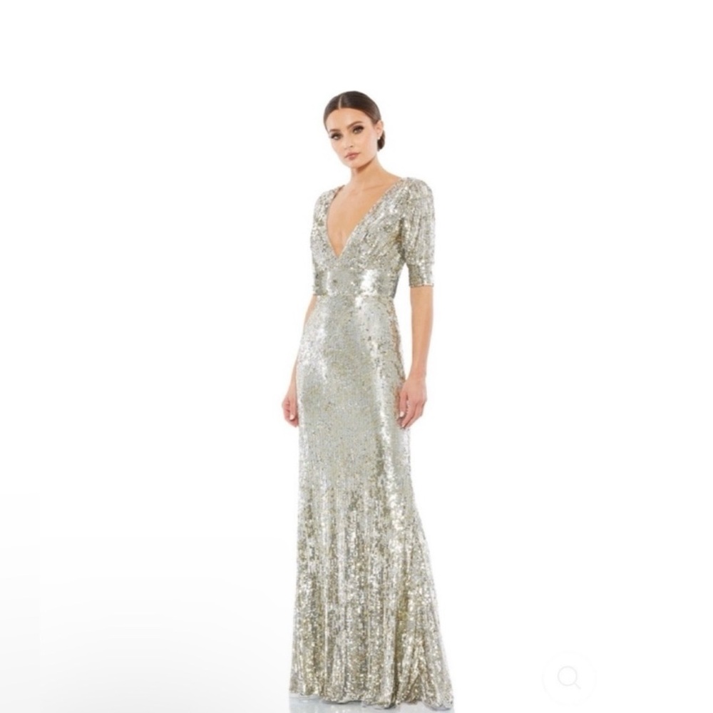 Mac Duggal 4707 Platinum silver gold Short sleeve V neck sequin gown dress New